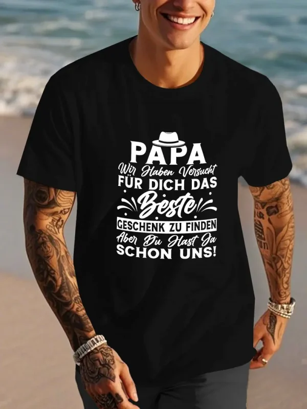 Best Papa Ever German Quote Men's T-Shirt - Casual Polyester Short Sleeve Crew Neck, Summer Top with Hat & Mustache Illustration, Machine Washable