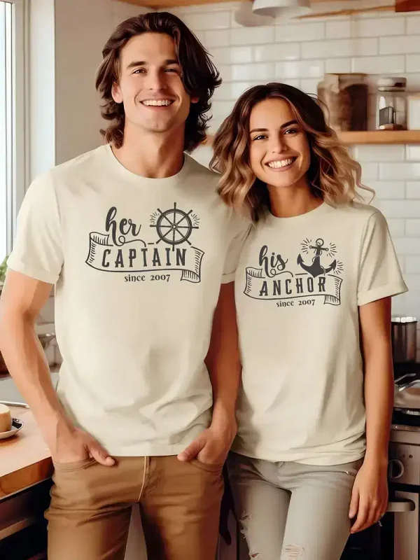 Couple Matching T-Shirt, His Caption, Her Anchor, Custom Est Mother's Day, Father's Day T-Shirt, The Best Family Matching Gift