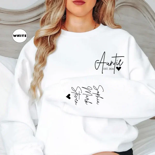 Custom Auntie Sweatshirt, Personalized Aunt Sweatshirt With Nieces Nephews Names On Sleeve, Pregnancy Reveal Outfit, Mothers Day Clothing Gifts