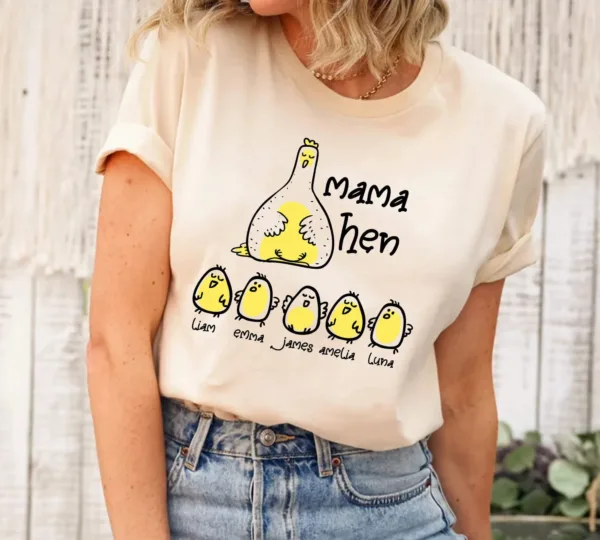 Custom Chicken Mom T-Shirt With Kids Names, Mama Hen Personalized Mom, Mother's Day Shirt, Custom Kid's Names Mom Shirt, Gift For Mom