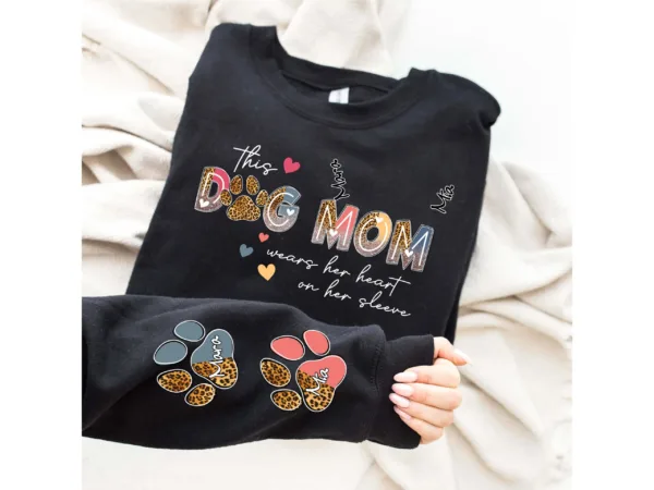 Custom Dog Mom Sweatshirt, This Dog Mom Wears Her Heart On Her Sleeve, Personalized Dog Name, Dog Mama Sweatshirt, Dog Lover Gift