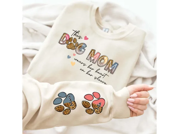Custom Dog Mom Sweatshirt, This Dog Mom Wears Her Heart On Her Sleeve, Personalized Dog Name, Dog Mama Sweatshirt, Dog Lover Gift