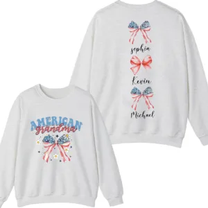 Custom Mom Sweatshirt, American Mama, Coquette Ribbon Shirt, USA Flag Bow, Kids Names Crewneck - The Best Mother's Day Gift