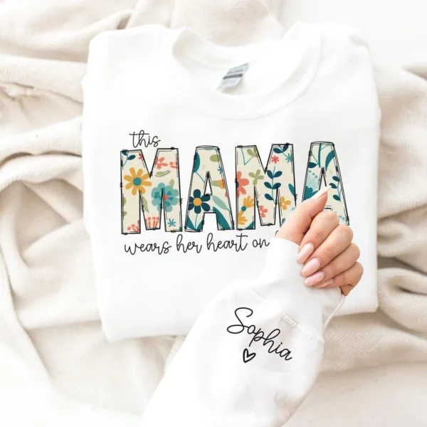 Custom Sweatshirt for Mama, Christmas Gift for Mama, I Wear My Heart On My Sleeve, Mama Sweatshirt with Kids Name on Sleeve