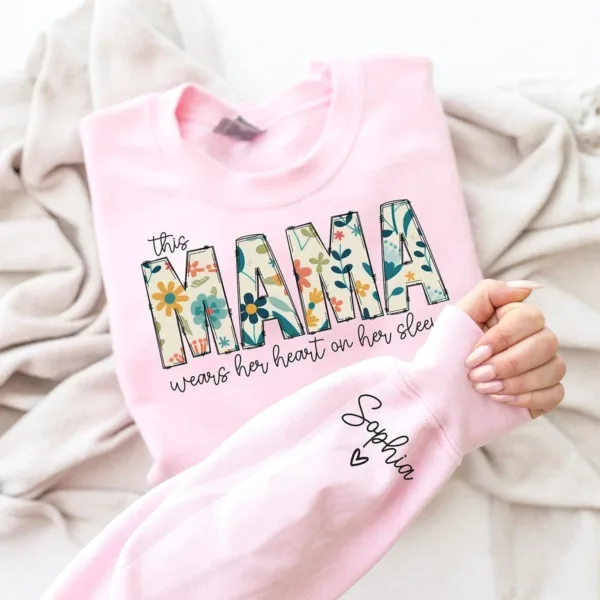 Custom Sweatshirt for Mama, Christmas Gift for Mama, I Wear My Heart On My Sleeve, Mama Sweatshirt with Kids Name on Sleeve