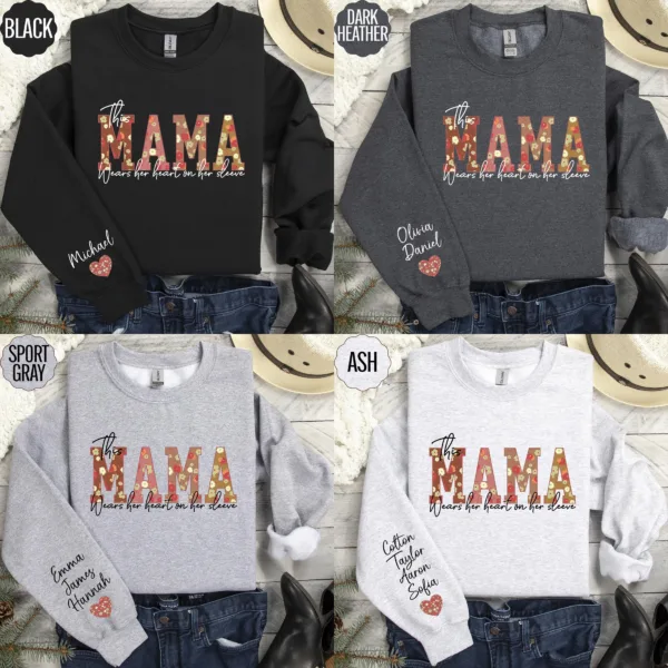 Custom-This-Mama-Wears-Her-Heart-on-Her-Sleeve-Sweatshirt-Floral-Mama-Sweatshirt-Mothers-Day-Gift-Personalized-Mom-Sweater-With-Kids-Name-2.jpg Mother's Day Gift, Custom Heart on Sleeve Shirt with Children's Names