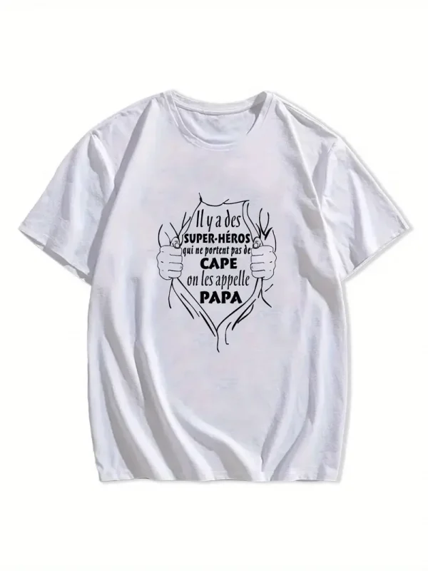 Fun French Crinkle Men's T-Shirt - Black Geometric Graphic Print with Superhero Dad French Quote, Casual Short Sleeve Round Neck Summer Tee