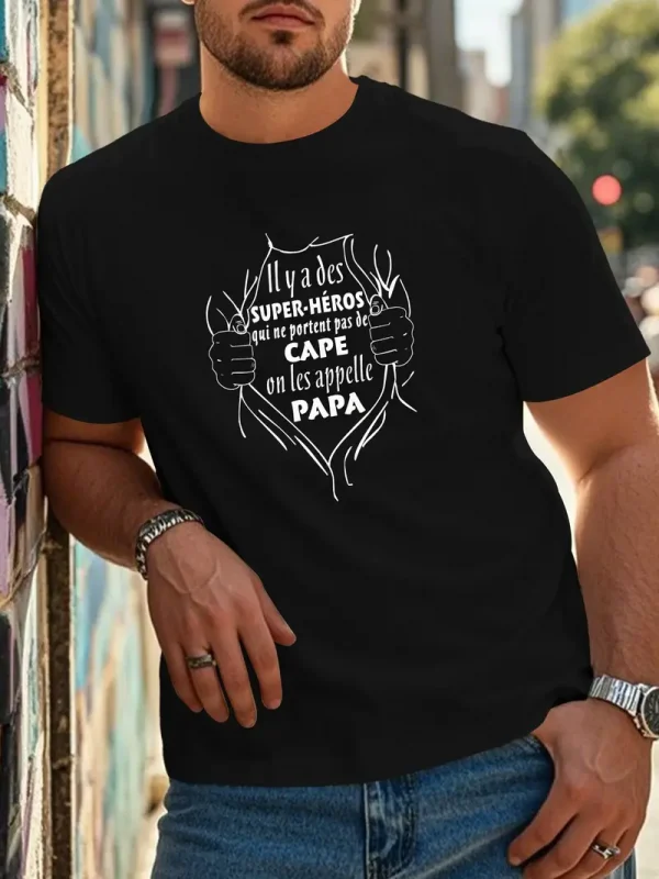 Fun French Crinkle Men's T-Shirt - Black Geometric Graphic Print with Superhero Dad French Quote, Casual Short Sleeve Round Neck Summer Tee