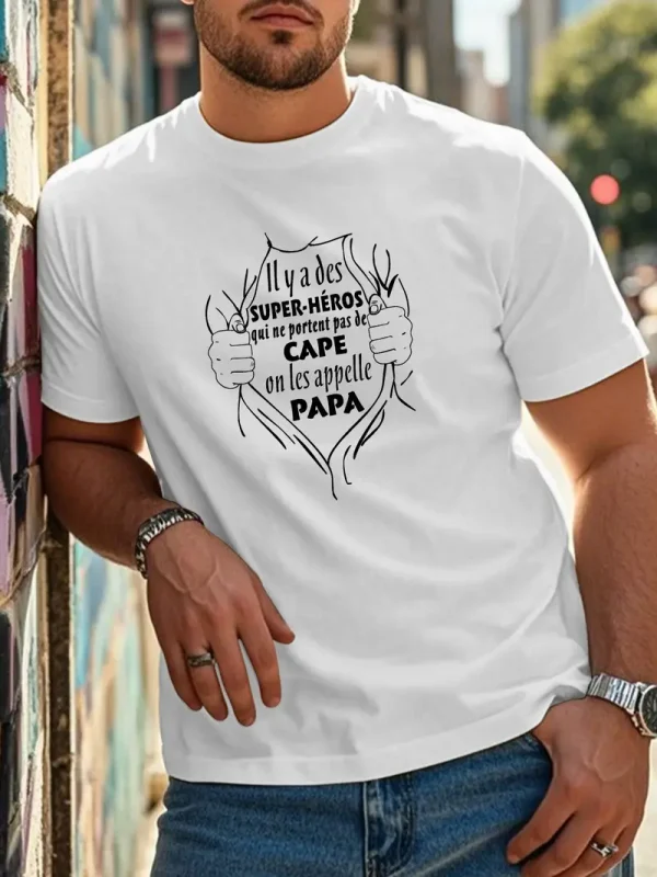 Fun French Crinkle Men's T-Shirt - Black Geometric Graphic Print with Superhero Dad French Quote, Casual Short Sleeve Round Neck Summer Tee
