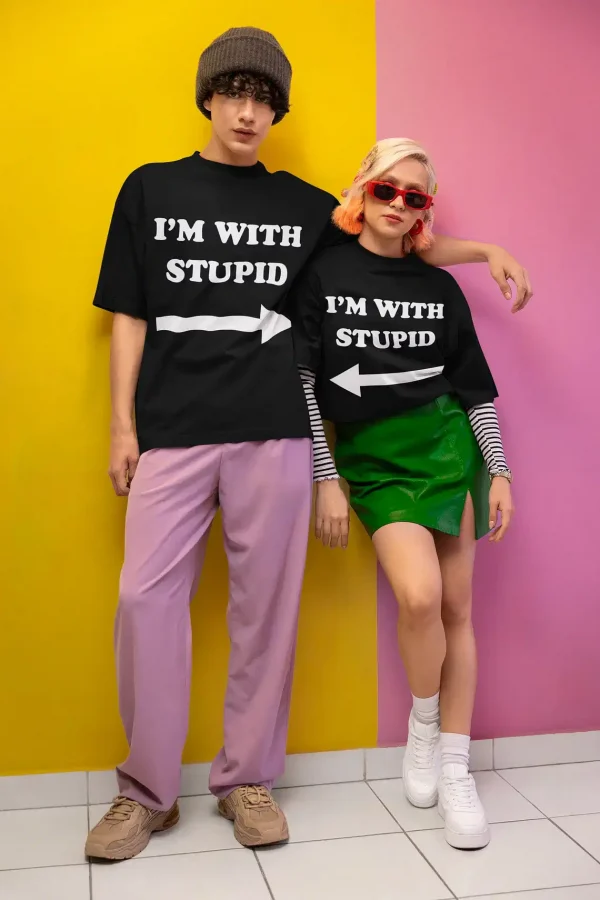 Funny Couple Matching T-Shirts - I'm With Stupid Couples Tees Set of 2 - Cute Cotton Shirts for Couples