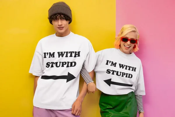 Funny Couple Matching T-Shirts - I'm With Stupid Couples Tees Set of 2 - Cute Cotton Shirts for Couples