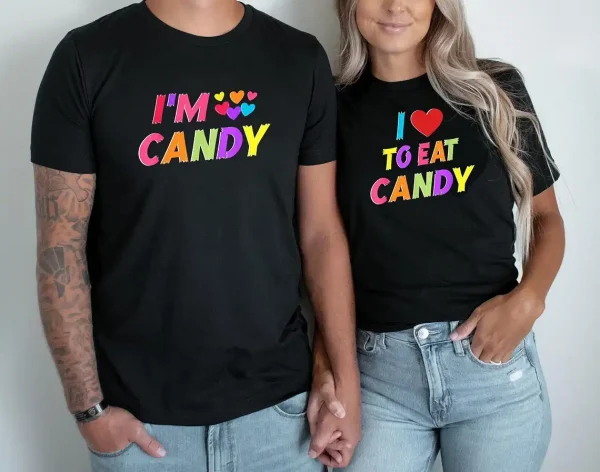 Couple Matching T-Shirt With I Candy and I To Eat Candy Print Design, The Best Family Matching Gift