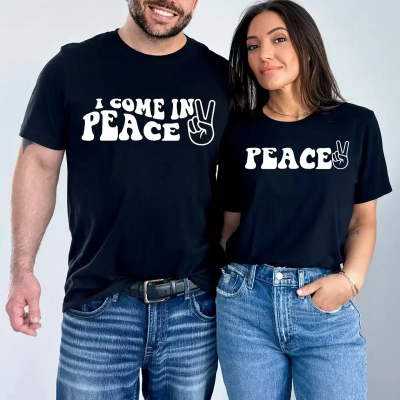 Home 12 Couples Matching T-Shirt With I Come In Peace and Peace Print Design, The Best Family Matching Gift