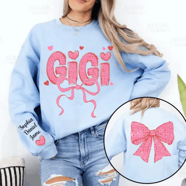 Gigi And Kids Lovely Bow - Personalized Sweatshirt With Design On Sleeve - Meaningful Mother's Day Gifts For Grandma, Mom, Wife