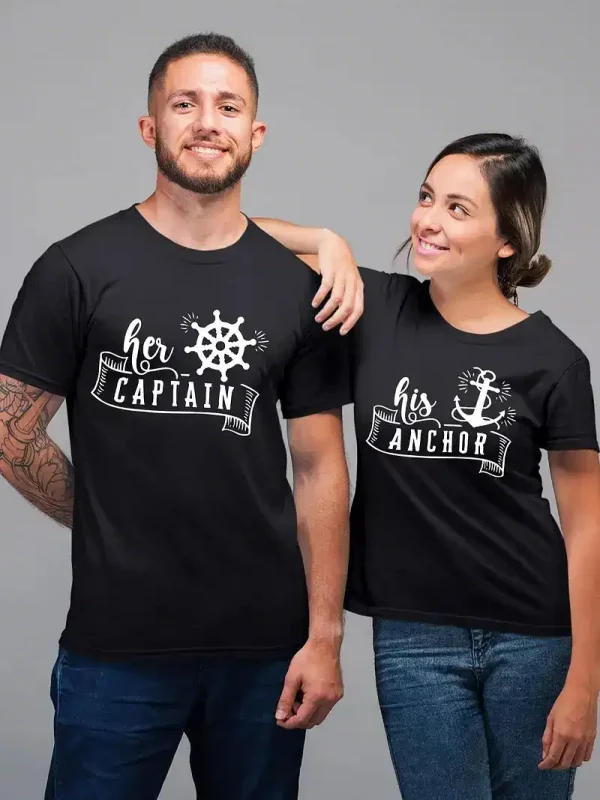 Couple Matching T-Shirt, Her Captain and His Anchor Print Design For Summer, Father's Day T-Shirt, The Best Family Matching Gift