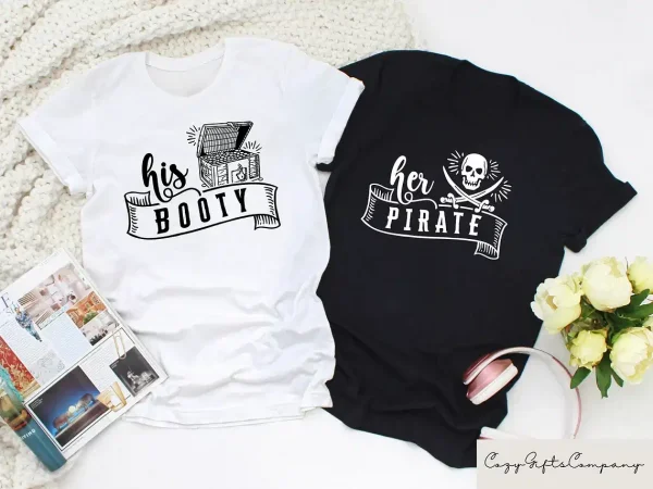 Her-Pirate-His-Booty-2.webp Couples Matching T-Shirt With His Booty and Her Pirate Print Design, The Best Family Matching Gift