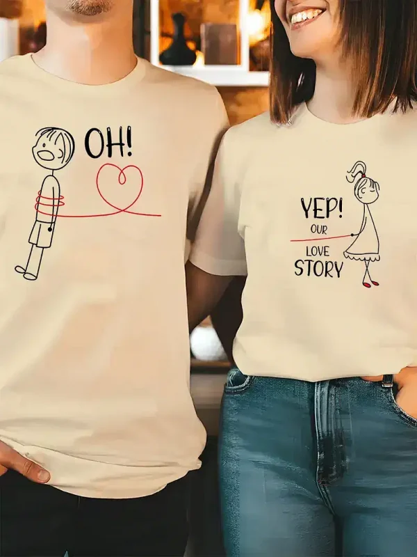 His & Hers Matching Couple T-Shirts - Casual Red Graphic Tees with Oh Oh & Yep! Love Story Print, Summer Outfit for Men and Women