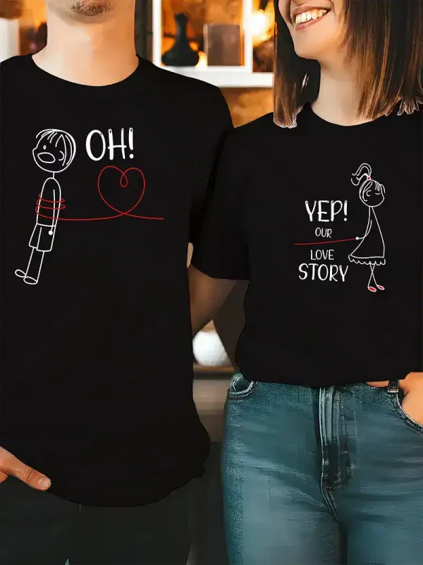 His & Hers Matching Couple T-Shirts - Casual Red Graphic Tees with Oh Oh & Yep! Love Story Print, Summer Outfit for Men and Women
