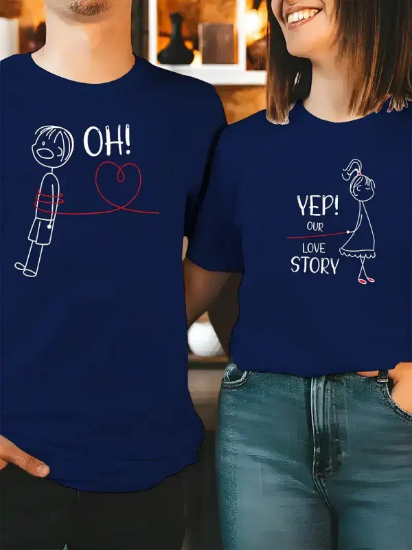 His & Hers Matching Couple T-Shirts - Casual Red Graphic Tees with Oh Oh & Yep! Love Story Print, Summer Outfit for Men and Women