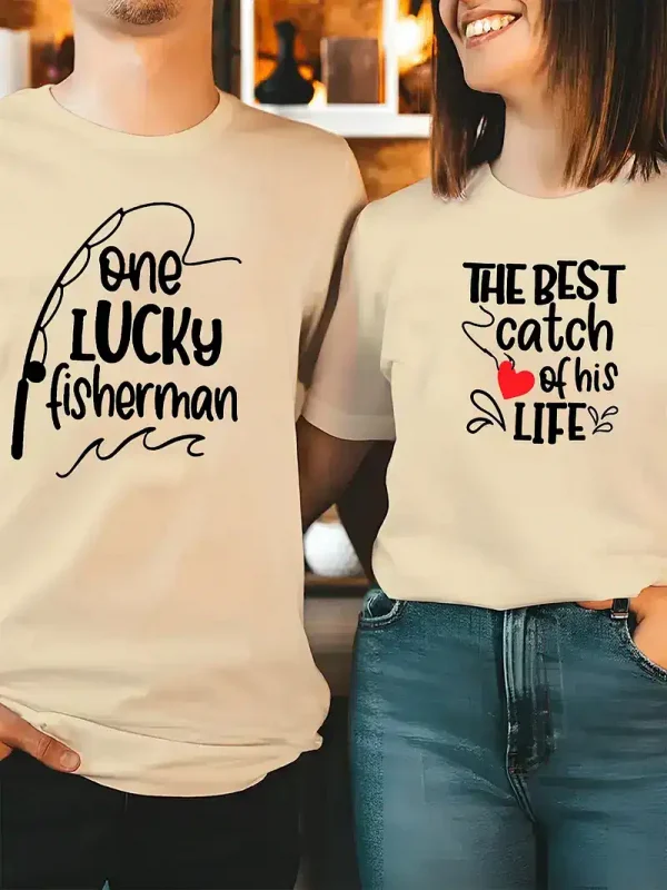 His & Hers Matching Fishing Graphic T-Shirts - One Lucky Fisherman & The Best Catch of His Life Design, Perfect for Couples Who Love Fishing Together