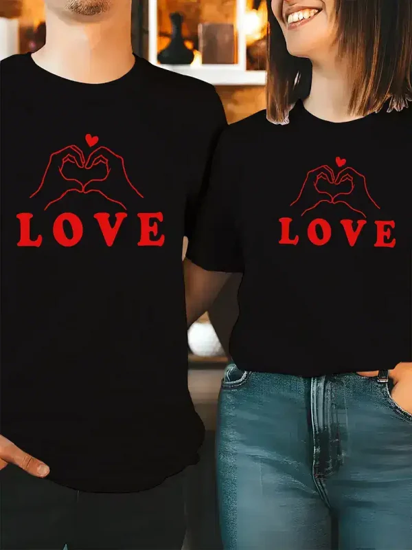 His & Hers Matching Love Heart Graphic T-Shirts - Soft Stretch Fabric, Casual Crew Neck Short Sleeve Tees for Couples, Summer Fashion Matching Outfits