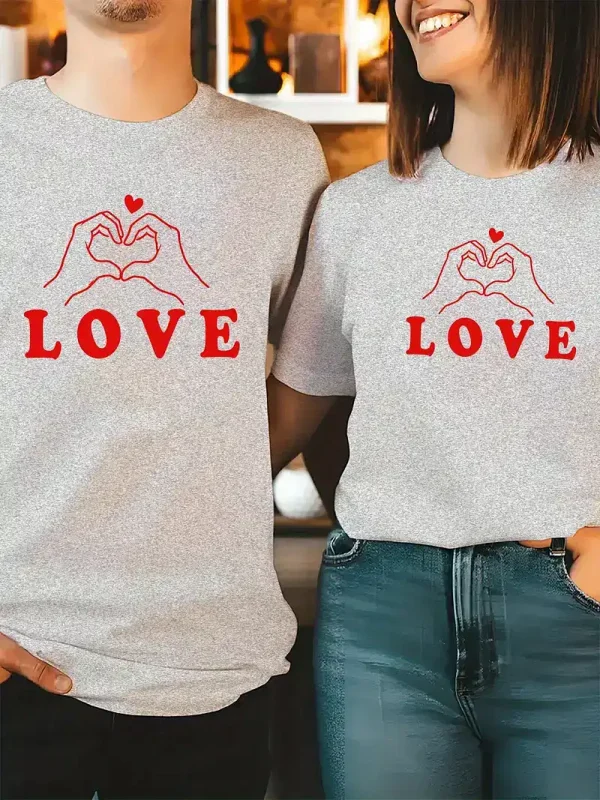 His & Hers Matching Love Heart Graphic T-Shirts - Soft Stretch Fabric, Casual Crew Neck Short Sleeve Tees for Couples, Summer Fashion Matching Outfits