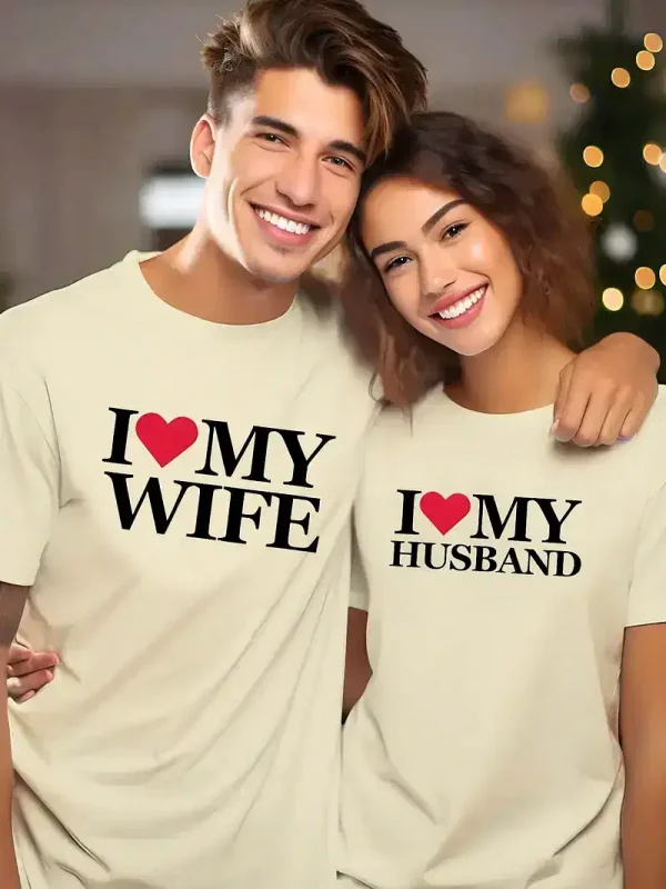 I Love My Wife, I Love My Husband, Couple'S Letter Pattern T-Shirt, Newlywed Couple Gift, Matching Couple, Husband And Wife, Bride And Groom