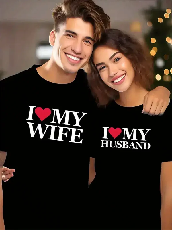 I Love My Wife, I Love My Husband, Couple'S Letter Pattern T-Shirt, Newlywed Couple Gift, Matching Couple, Husband And Wife, Bride And Groom