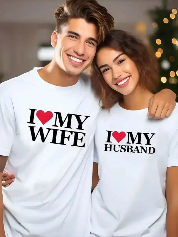 I Love My Wife, I Love My Husband, Couple'S Letter Pattern T-Shirt, Newlywed Couple Gift, Matching Couple, Husband And Wife, Bride And Groom