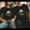Couples Matching T-Shirt With Leveling Up To Wifey and Leveling Up To Hubby Print Design, The Best Family Matching Gift