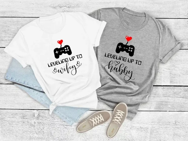 Couples Matching T-Shirt With Leveling Up To Wifey and Leveling Up To Hubby Print Design, The Best Family Matching Gift