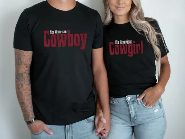 Matching Couples Rodeo Shirts, Couple Country Western, Patriotic Couples T-Shirt, Cowboy Cowgirl Matching Tee, Husband Wife T-Shirt
