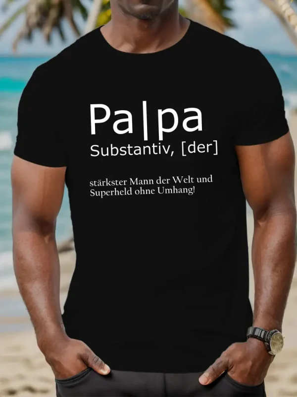 Men's Father'S Day Casual Black T-Shirt with German Quote - Short Sleeve, Crew Neck, Summer Top, Father's Day Gift, Geometric Print Shirt