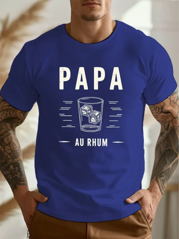 Casual Crew Neck Short Sleeve T-Shirt - Papa Au Rhum Rum Daddy Print Graphic Tee, Lightweight Summer Top with Geometric Design, Relaxed Fit T-Shirt