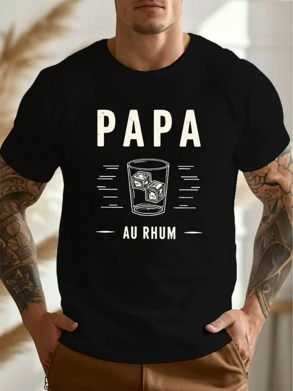 Casual Crew Neck Short Sleeve T-Shirt - Papa Au Rhum Rum Daddy Print Graphic Tee, Lightweight Summer Top with Geometric Design, Relaxed Fit T-Shirt