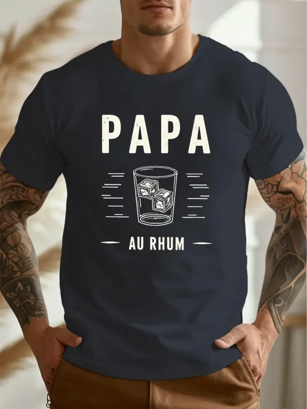Casual Crew Neck Short Sleeve T-Shirt - Papa Au Rhum Rum Daddy Print Graphic Tee, Lightweight Summer Top with Geometric Design, Relaxed Fit T-Shirt