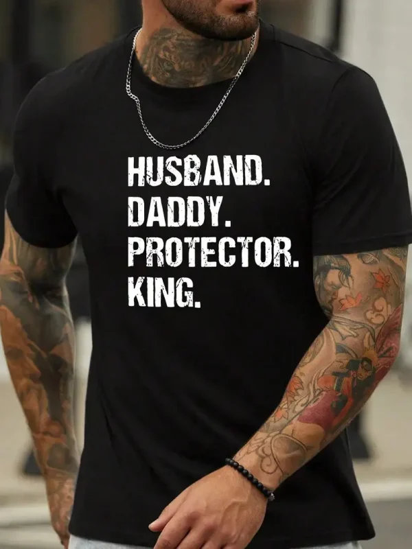 Men's Short Sleeve T-Shirt with Husband Daddy Protector King Print - Regular Fit for Spring & Autumn Casual Attire