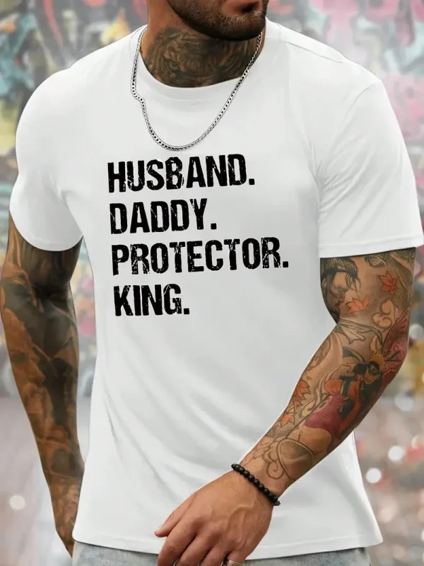 Men's Short Sleeve T-Shirt with Husband Daddy Protector King Print - Regular Fit for Spring & Autumn Casual Attire