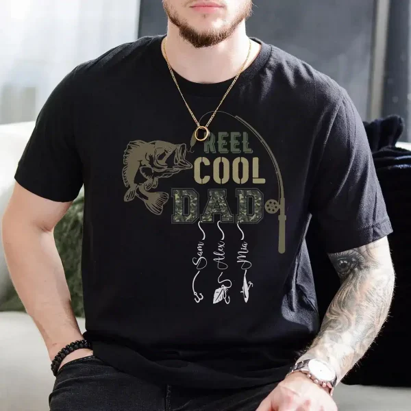 Personalized Dad Shirt, Custom Reel Cool Dad Shirt with Kids Name, Fishing Dad Shirt, Father's Day Shirt, Dad Gift From Kid, Retro Camo Dad