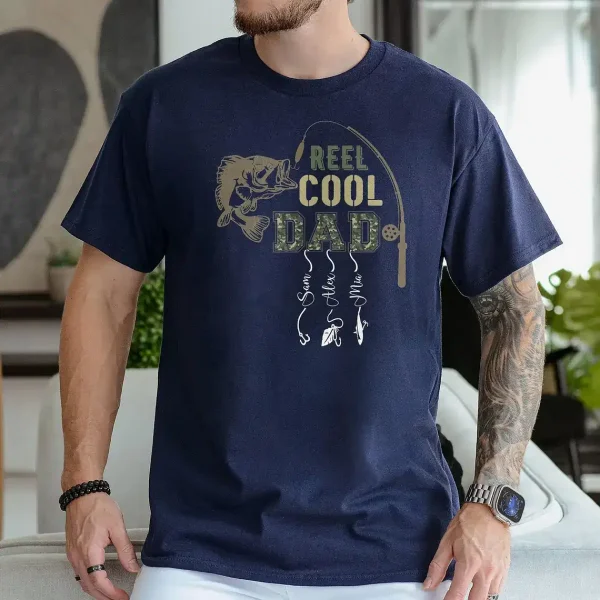 Personalized Dad Shirt, Custom Reel Cool Dad Shirt with Kids Name, Fishing Dad Shirt, Father's Day Shirt, Dad Gift From Kid, Retro Camo Dad