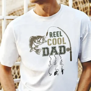 Personalized Dad Shirt, Custom Reel Cool Dad Shirt with Kids Name, Fishing Dad Shirt, Father's Day Shirt, Dad Gift From Kid, Retro Camo Dad