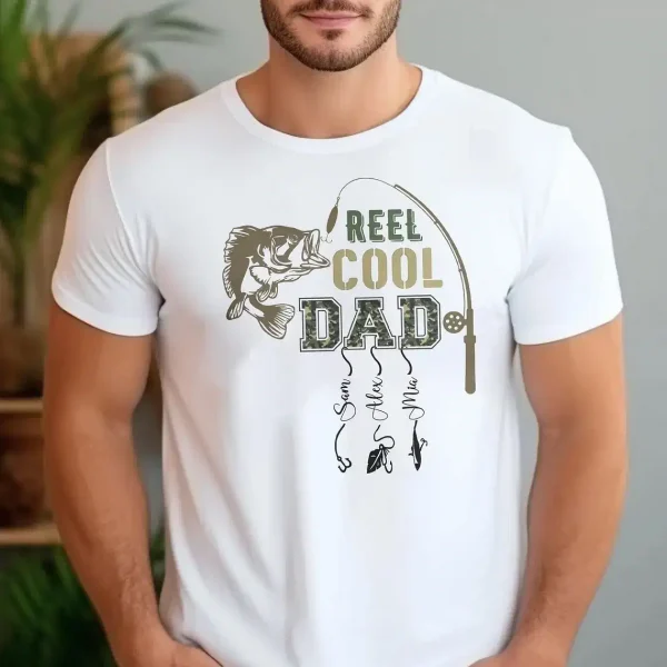 Personalized Dad Shirt, Custom Reel Cool Dad Shirt with Kids Name, Fishing Dad Shirt, Father's Day Shirt, Dad Gift From Kid, Retro Camo Dad