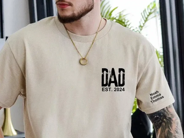 Personalized-Dad-Shirt-With-Kids-Names-Arm-2.webp Personalized Dad T-Shirt With Kids Names Arm, Custom Dad Tshirt For Dad, Est Date Daddy Shirt Gift for Fathers Day, Childs Names Arm, Dad Gift