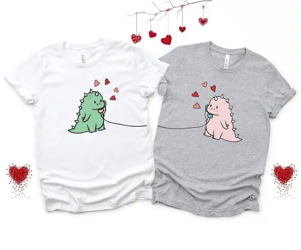 Personalized-Kawaii-Dinosaur-Couple-Shirt-1.webp Couples Matching T-Shirt With Kawaii Dinosaur Print Design, The Best Family Matching Gift