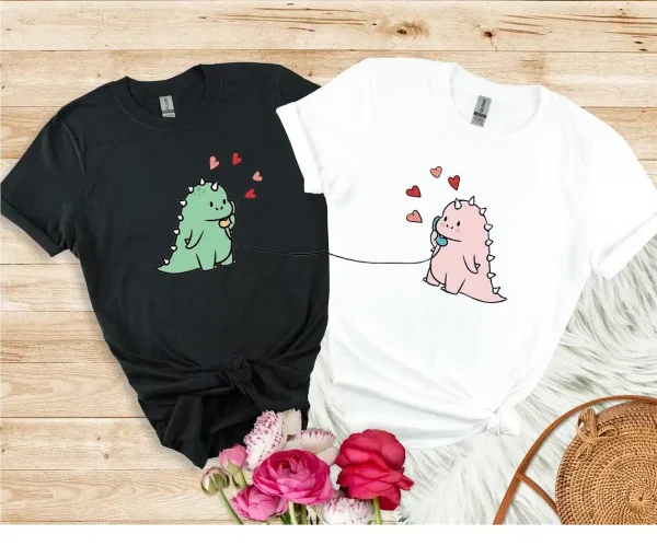 Personalized-Kawaii-Dinosaur-Couple-Shirt-2.webp Couples Matching T-Shirt With Kawaii Dinosaur Print Design, The Best Family Matching Gift