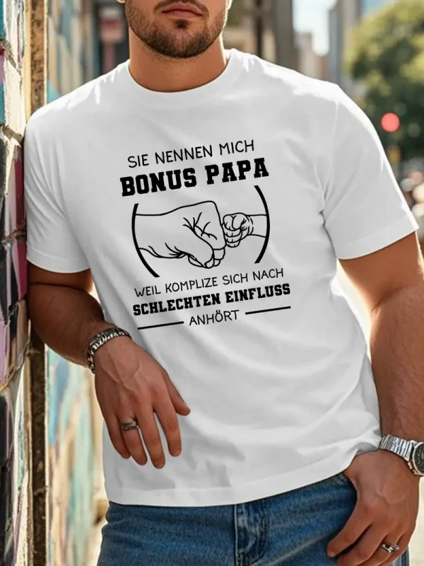 Plus-Size-Mens-T-Shirt-2.webp Men's T-Shirt with 'Bonus Papa' Graphic - Beige with Humorous Fist Bump Design,