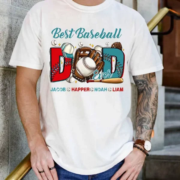 Personalized Name of Kids, Father's Day Baseball Dad Shirt ? Sports Dad Graphic Tee for Game Lovers
