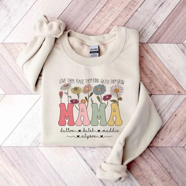 Retro Mama Mother's Day Sweatshirt, Custom Mama Shirt With Kids Names, Wildflowers Mama Shirt