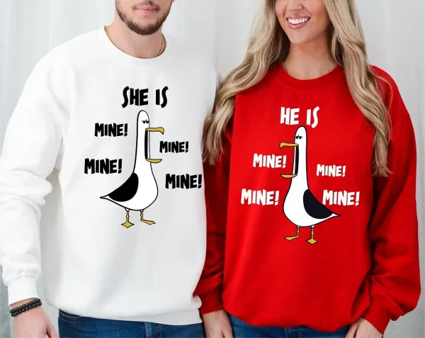 She-is-Mine-He-is-Mine-2.webp Couples Matching Sweatshirt With She Is Mine and He Is Mine Print Design, The Best Family Matching Gift
