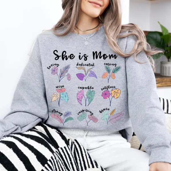She is Mom, Cute Mama, Vintage, Mom with Wild Flowers Sweatshirt, Retro Mother, Mother's Day Gift